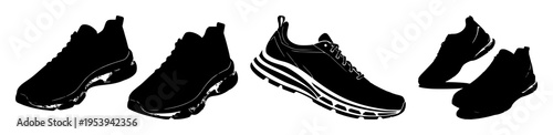 Running shoes set with solid black silhouette featuring high‑tech, carbon plate, sports tech with contrast and athletic performance