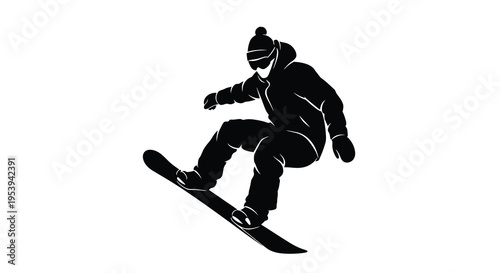 A silhouetted image depicts a snowboarder in mid air actively performing a trick on snow