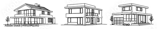 Modern house set with continuous line art drawing style featuring architecture, building, model with vector illustration and white background