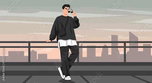 Stylish man in casual outfit enjoying coffee on rooftop with city view