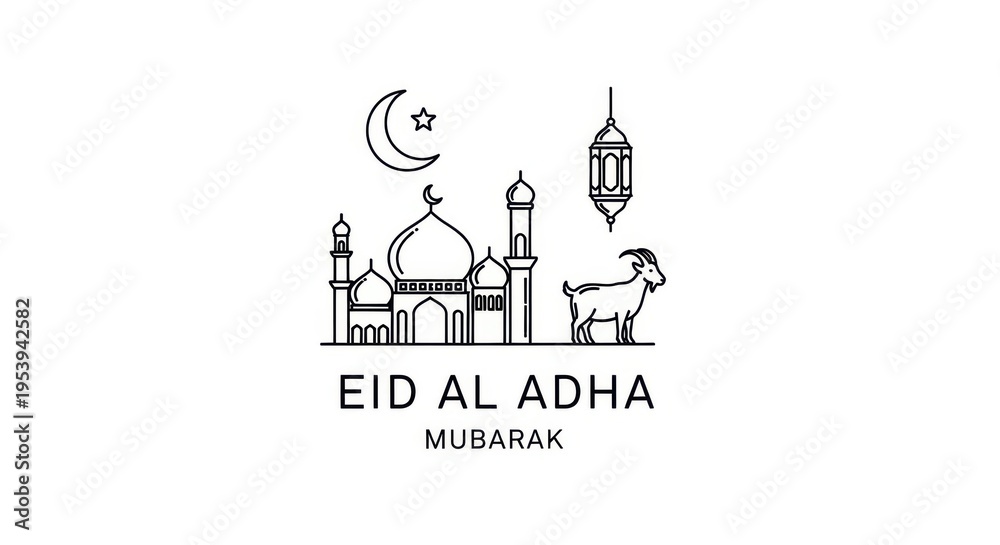 Naklejka premium Eid al Adha Mubarak celebration with mosque and goat