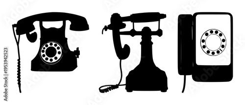 Telephones set with solid black silhouette of a vintage 1920s wall-mounted hand-crank phone featuring line art, minimalism, vector graphics with black fill and white background