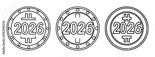 2026 token coin icon set with black outline flat design on white featuring digital token, cryptocurrency, finance with bold black outlines and flat vector