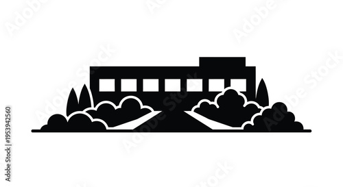 A minimalist black and white illustration depicts a modern building with landscaping high quality professional
