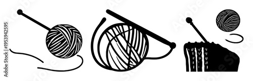 Knitting needles set with solid black silhouette of knitting needles and yarn ball featuring silhouette, black line art, yarn with needles and hobby