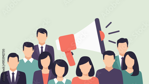 Vector illustration of diverse people with a megaphone, symbolizing effective communication, public relations, marketing campaigns, and spreading important announcements