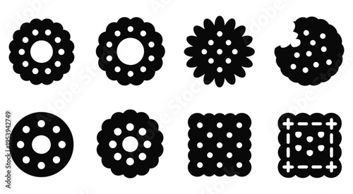 Monochrome biscuit and cookie icons in varying shapes, black silhouette vector set of cookies and biscuits