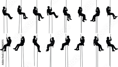 Silhouette rope access workers and climbers descending on ropes, industrial safety, high altitude work, rescue and maintenance activity isolated on white background