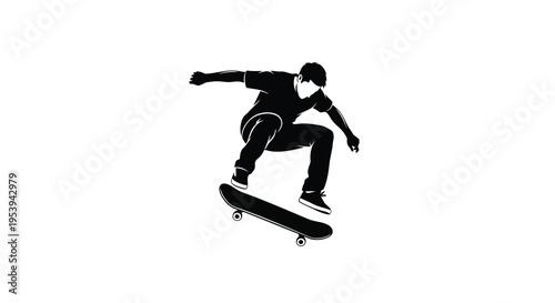 A silhouetted image depicts a skateboarder in mid air performing a dynamic trick high quality professional