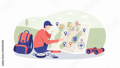 Adventurous traveler planning a journey using a map and compass, surrounded by hiking gear