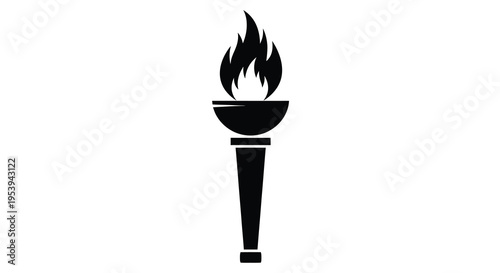 A striking black silhouette depicts a traditional olympic torch with vibrant stylized flames high quality
