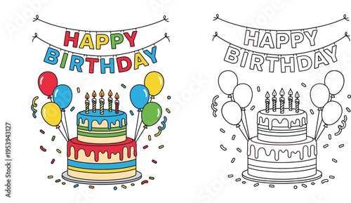 Happy Birthday Coloring Page and Colorful Illustration Set with Two-Tiered Cake, Candles, Balloons, and Bunting Banner, Festive Vector Art for Kids Party Decoration and Activities