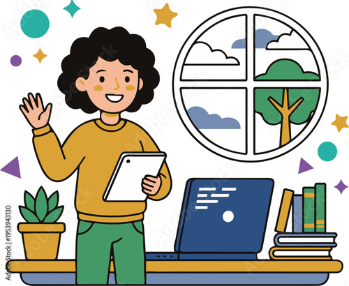 Colorful vector illustration of a cheerful child waving while holding a tablet, standing beside a laptop and books on a desk.