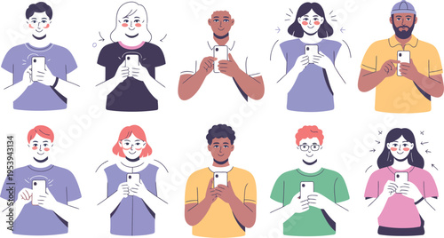 Ten users hold smartphones interacting.