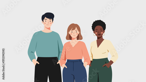 Modern flat illustration featuring a diverse group of young adults standing together, symbolizing community, inclusivity, and contemporary demographics