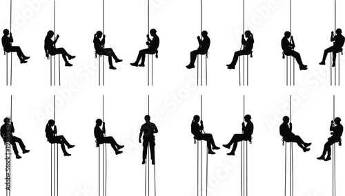 Silhouette rope access workers descending on ropes, industrial climbing, safety equipment, high altitude maintenance and rescue activity isolated on white background