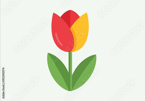 Stylized Tulip Flower with Red and Yellow Petals and Green Leaves.