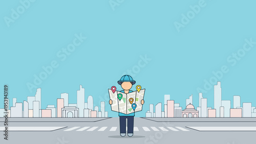 Flat illustration of a young traveler exploring an urban cityscape, holding a paper map marked with colorful location pins, symbolizing adventure and navigation in a new destination