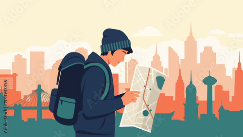A young male traveler with a backpack consults a map, planning his journey through a vibrant city backdrop, symbolizing urban exploration and adventure