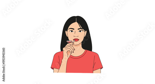 Illustration of a young woman applying lipstick with a thoughtful expression.