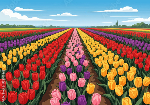 Vibrant Rows of Blooming Tulips in a Field.