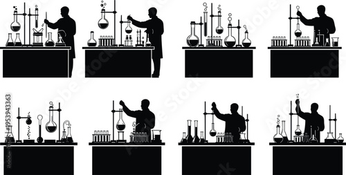 Silhouette scientists conducting chemistry experiments with laboratory glassware, research analysis, scientific testing and innovation in modern lab environment isolated on white background