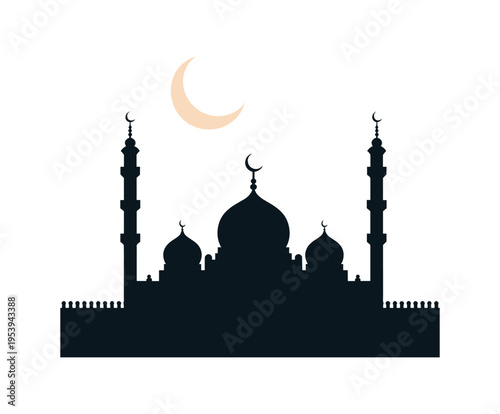Mosque silhouette with crescent moon and domes Islam religion.