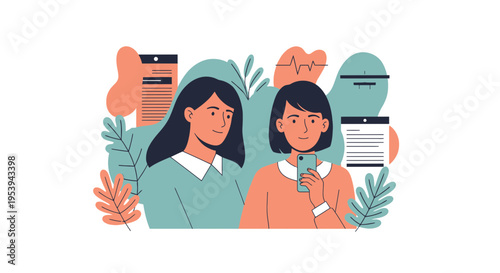 Two women looking concerned about documents and plants.