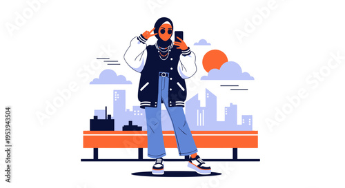 Stylish Muslim Woman Taking Selfie with Cityscape Background