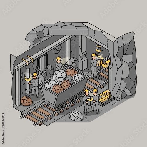 Isometric illustration of a mine interior, depicting workers and mining equipment.