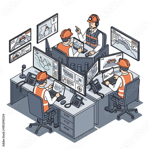 Illustration of a control room with workers monitoring screens and communicating.