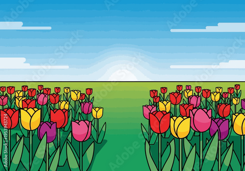 Vibrant Field of Tulips in Full Bloom Under a Bright Sky.