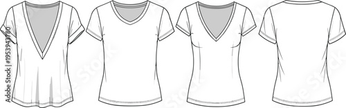 Technical fashion sketch of women v-neck t-shirts with front and back views including deep plunge and standard necklines for apparel design manufacturing templates.
