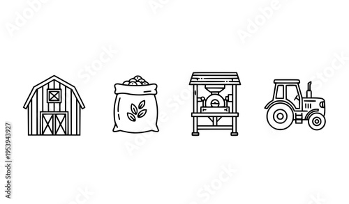 Agriculture icon set with barn seeds flour mill and tractor in modern outline style black and white vector isolated on white