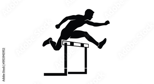 A black silhouette depicts an athlete mid jump clearing a hurdle during a track event