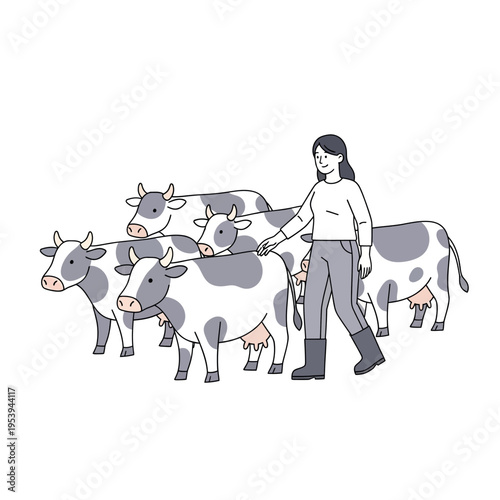 Woman standing with cows in farmyard.