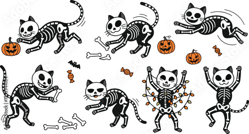 Funny skeleton cats playing with pumpkins, bones and lights, cute Halloween cartoon feline characters spooky vector illustration set