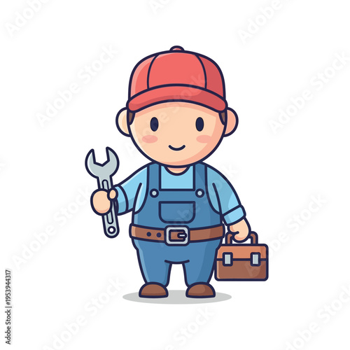 Cartoon Repairman Holding Wrench and Toolbox.