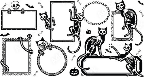 Halloween skeleton cat frames and labels with spooky bones, bats and pumpkins, gothic decorative borders vector illustration set