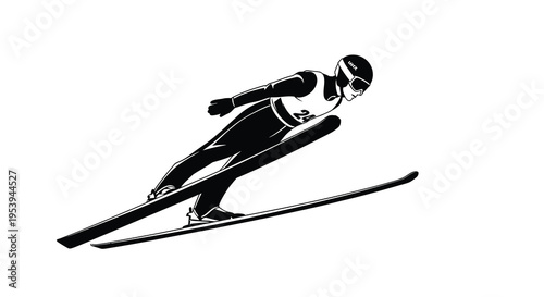 A stylized black and white illustration depicts a ski jumper in mid air during flight