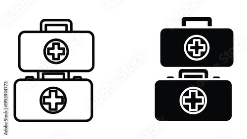 First aid kits in black and white vector illustration, flat design