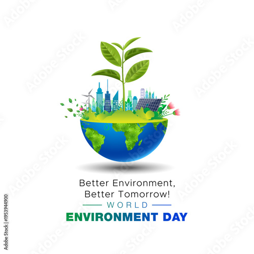 Modern futuristic advertisement concept for world environment day. half earth with green environment, plant, energy and sustainable eco city skyline development.