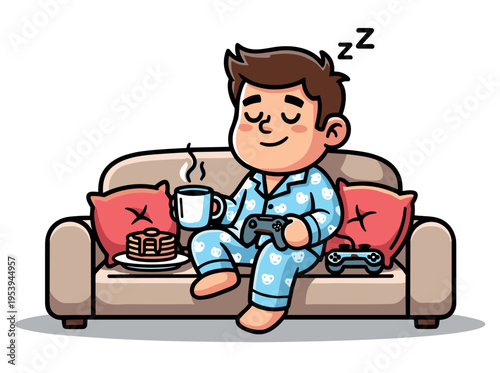 Cozy couch nap with coffee and gaming controller illustration — comfort relaxation, digital downtime and visual content for social media, branding and educational purposes in lifestyle, creative and c