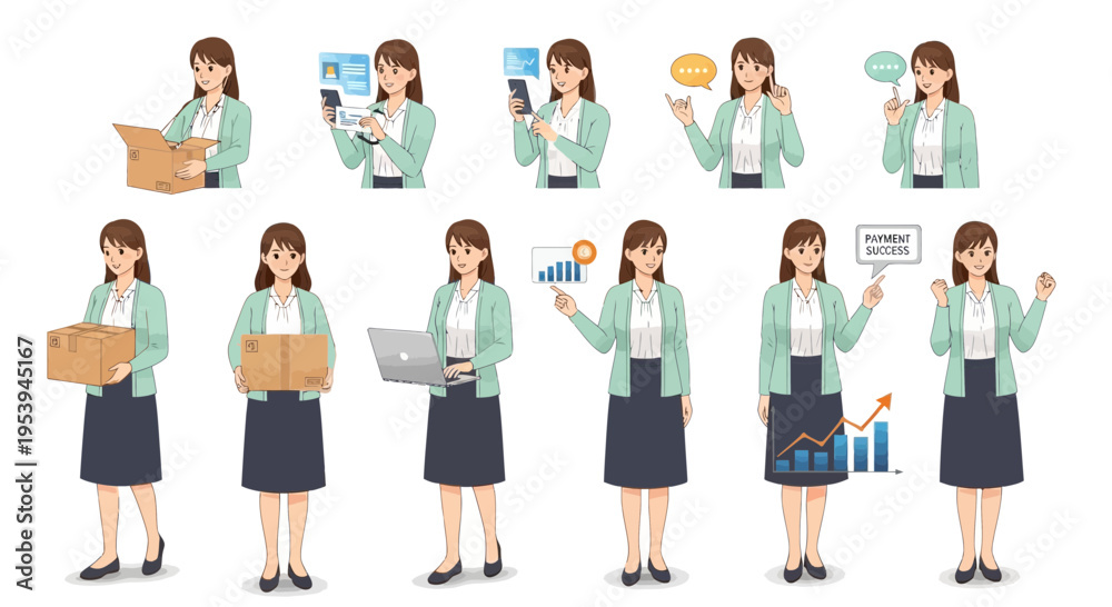 Obraz premium Woman Character Poses: Business, Technology, Delivery, and Success