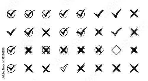 Comprehensive set of hand drawn black checkmark and cross mark icons in various artistic brush styles on white.