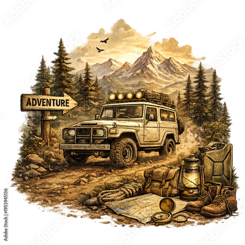vintage off road adventure, mountain trail driving, classic 4x4 vehicle, retro outdoor exploration, rugged mountain landscape, off road journey illustration, nostalgic adventure vibes, wilderness road