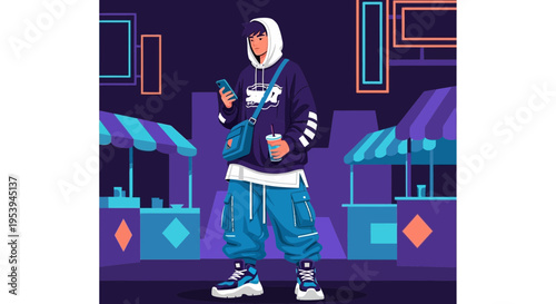 Stylish Young Man with Smartphone and Coffee in Neon City Street