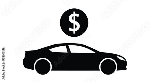 A simple black silhouette depicts a car with a dollar sign above it high quality