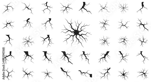 Set of various black cracked surface patterns isolated on white background representing ground or wall damage for texture design.