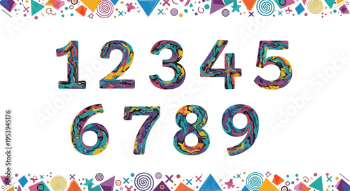 Set of numbers from zero to nine with colorful abstract marble textures and geometric patterns isolated on a white background.